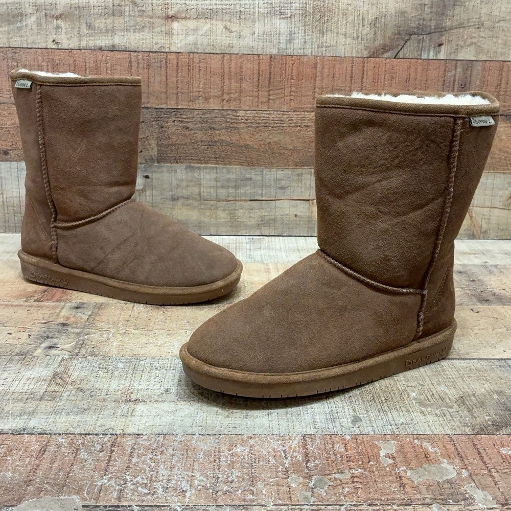 Bearpaw Boots Womens Size 11 42 Brown Suede Shearling Mid Calf Pull On